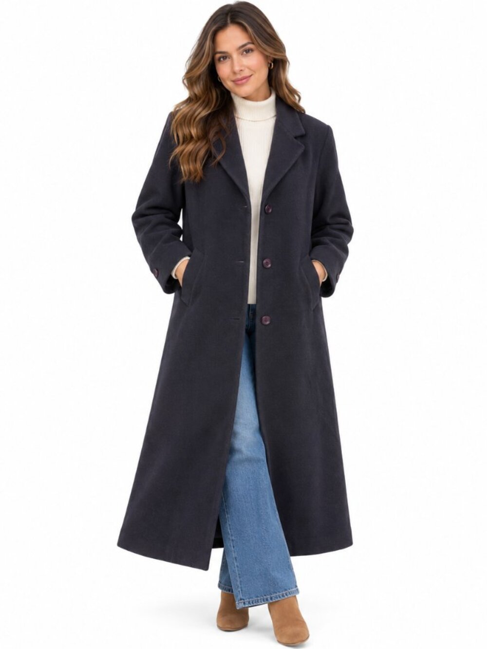 Stephanie Andrews Women's 10 Navy 100% Wool Long Coat Button Front Classic